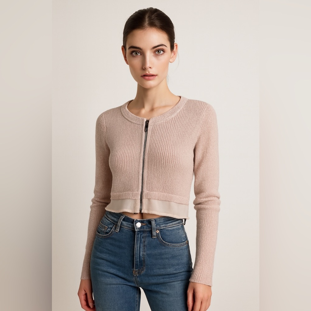 Simply Vera Vera Wang Sparkly Pink & Cream Ribbed Zip-Up Sweater